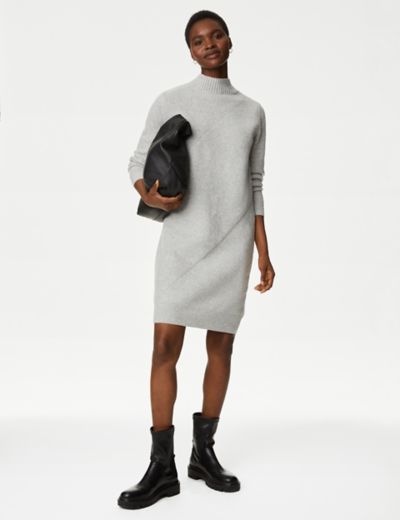 Knitted Ribbed Funnel Neck Mini Dress